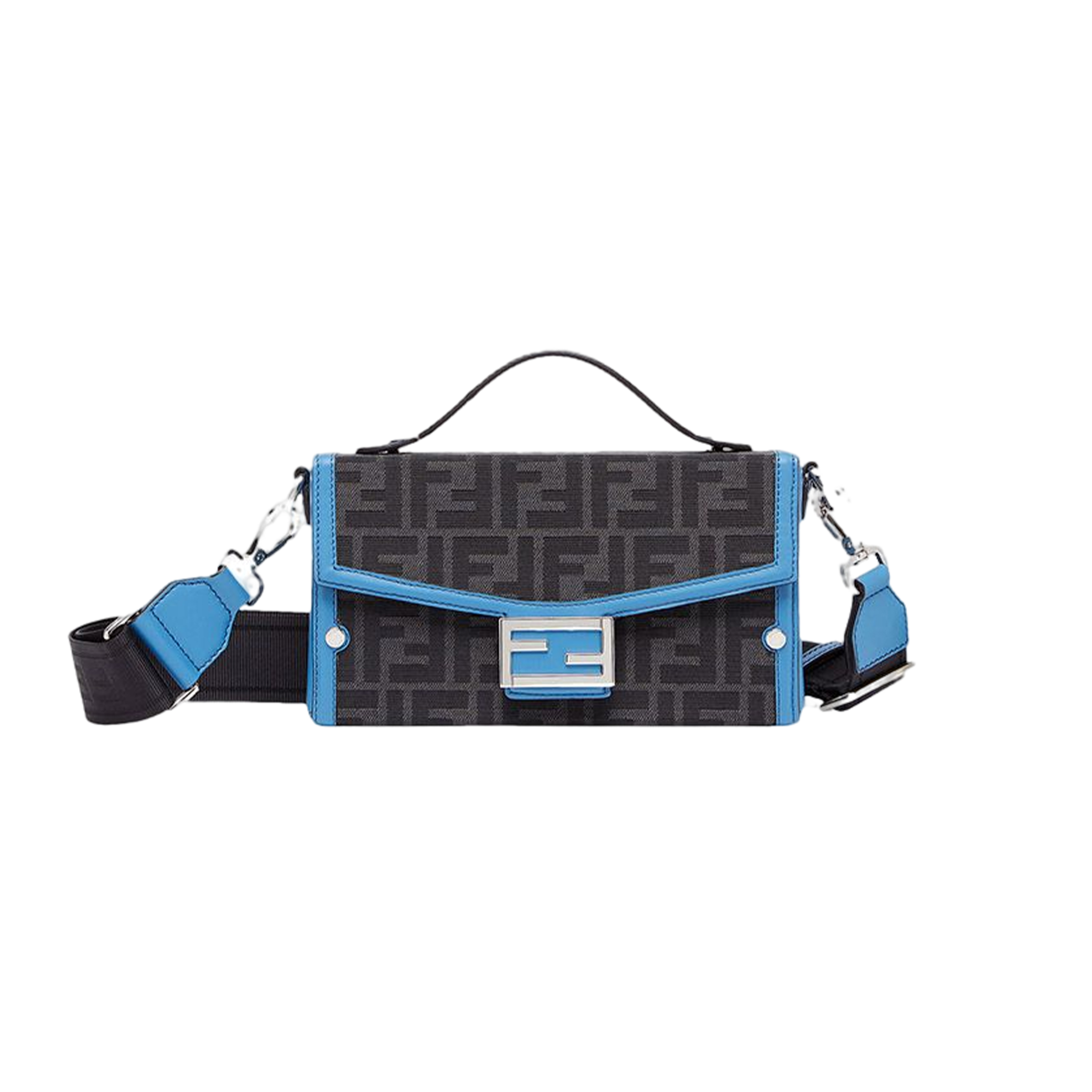 FENDI BAGUETTE SOFT TRUNK BAG BLUE LEATHER AND FF FABRIC BAG 7VA565AFBVF1KAW (21*12*6cm)